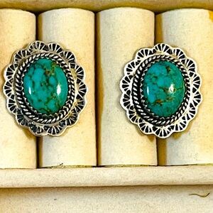 VTG Sterling Silver GREEN Turquoise  Earrings Concho Southwest Native American